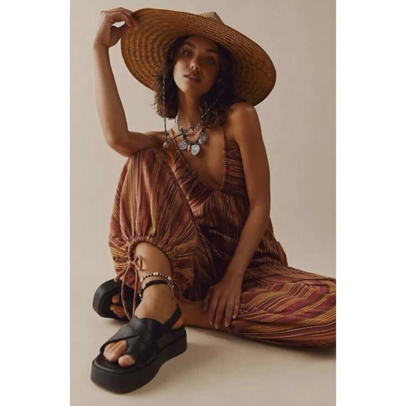 Free People Pants - Free People Striped Sundaze for Surfin Jumpsuit in Red Clay Combo M